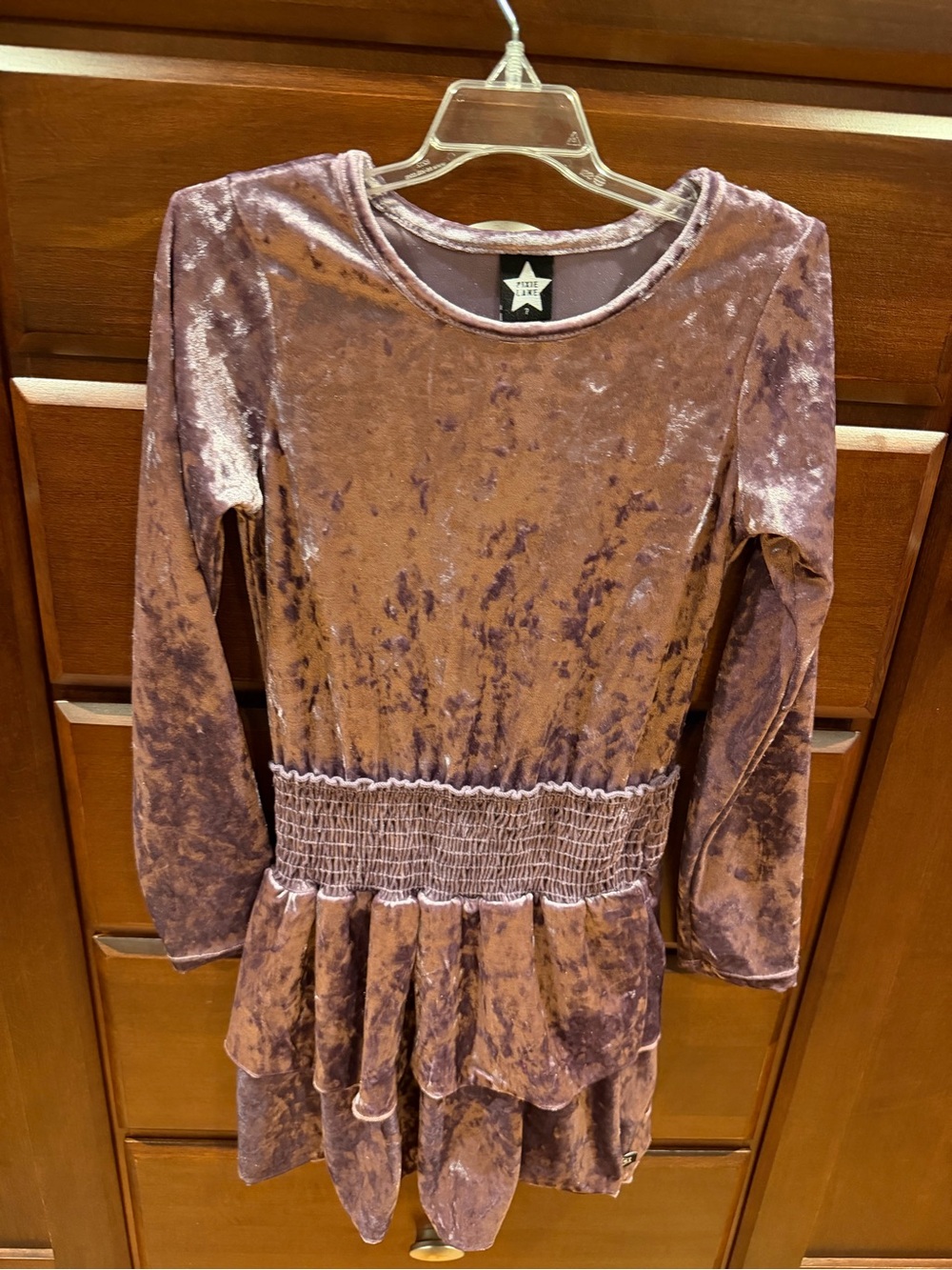 Children's Velvet Long-Sleeve Peplum Dress - Mauve